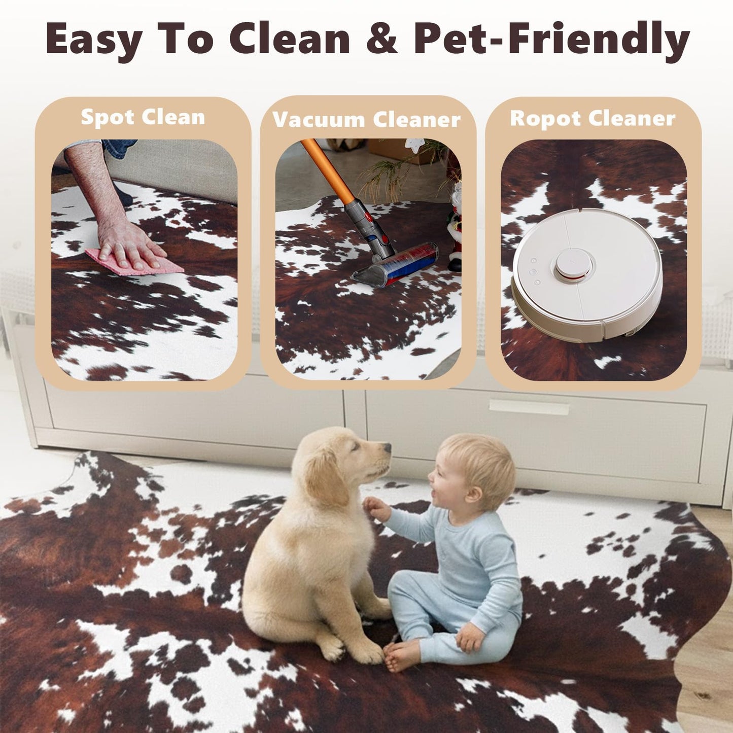Cow Hide Rug Faux Cowhide Rug 4.6x5.2 ft Small Cow Print Cow Rugs for Bedroom Living Room Dining Room Western Decor Brown Animal Print Non Slip Area Carpet