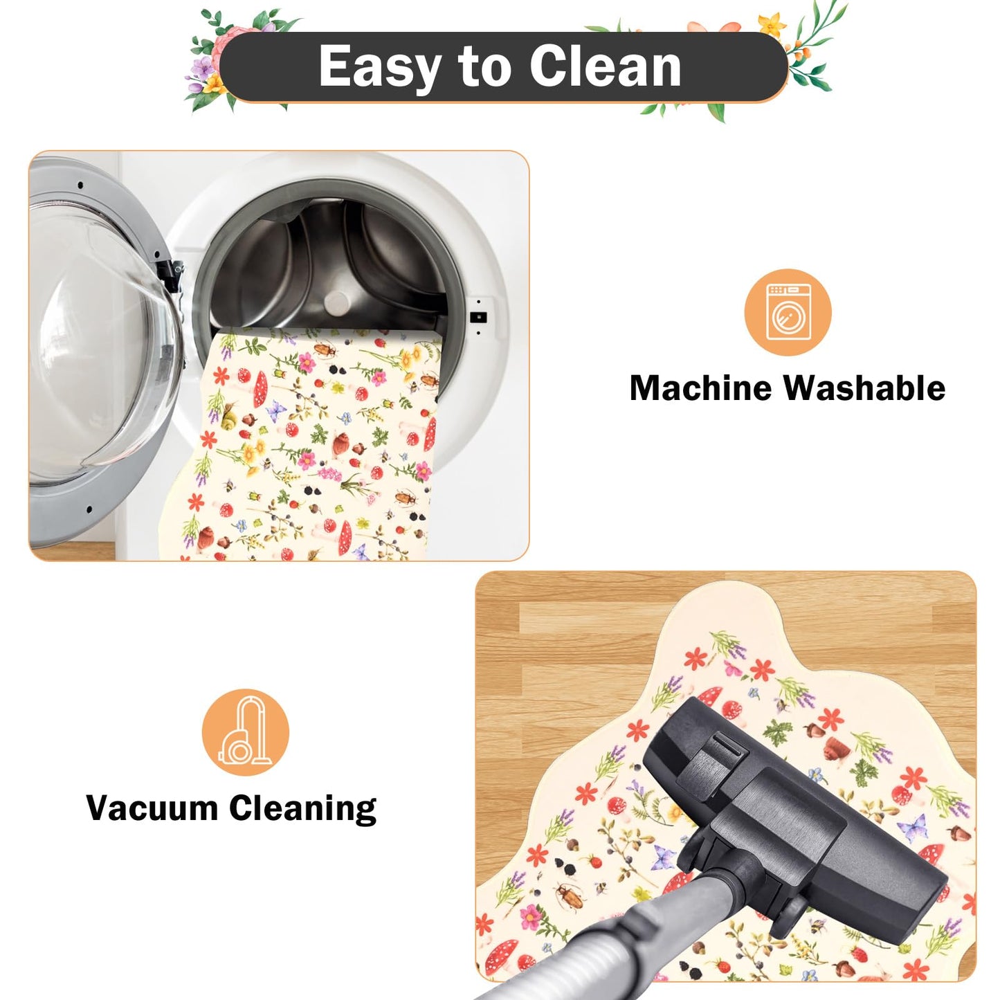 PCSWEET HOME Mushroom Kitchen Rug Set of 3 Scalloped Butterfly Flower Kitchen Rugs and Mats Non-Slip Washable Comfort Standing Mat for Laundry Room, Bar, Office 20 "x32+20 "x47+20 "x59