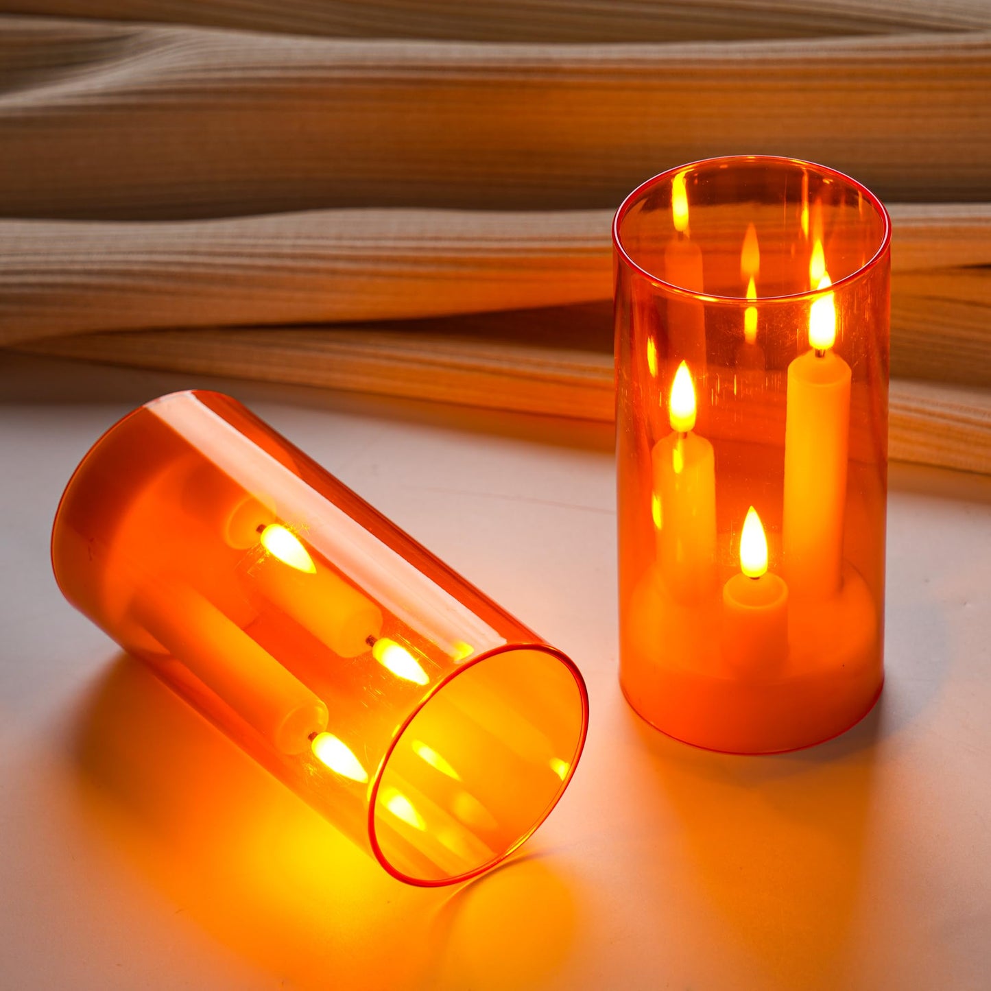 Da by 2 Pack 3D Wick Flameless Taper Candles, Orange Transparent Acrylic Cover, Remote Control Flickering LED Electric Candles, Battery Operated for Halloween Thanksgiving Christmas Home Decor.