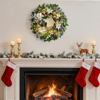 Christmas Wreaths for Front Door with Lights 24 Inch Prelit Christmas Wreath, Christmas Door Wreath with White Flowers, Gold Ornaments, Pine Cones, Greenery & Berries Indoor Outdoor