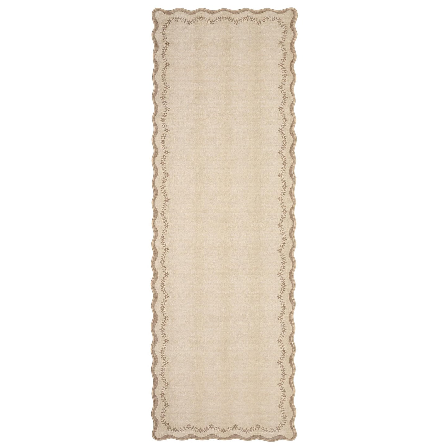 GarveeHome 2x6 Scalloped Washable Runner Rug for Kitchen, Soft Tan Jute Hallway Runner Non Slip Entryway Rug Farmhouse Thin Laundry Mat Stain Resistant Carpet for Bedroom Bathroom Beside Rug