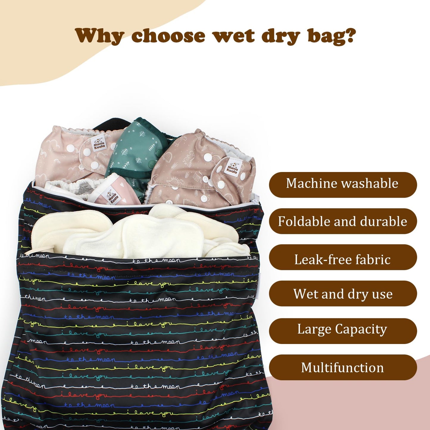 Mama Koala Reusable Hanging Wet Dry Bags for Baby Items, Cloth Diapers, Swimsuits, Travel, Gym Clothes, Beach, Pump Parts, Toiletries, Two Zippered Pockets, 2 Pack (W006L)