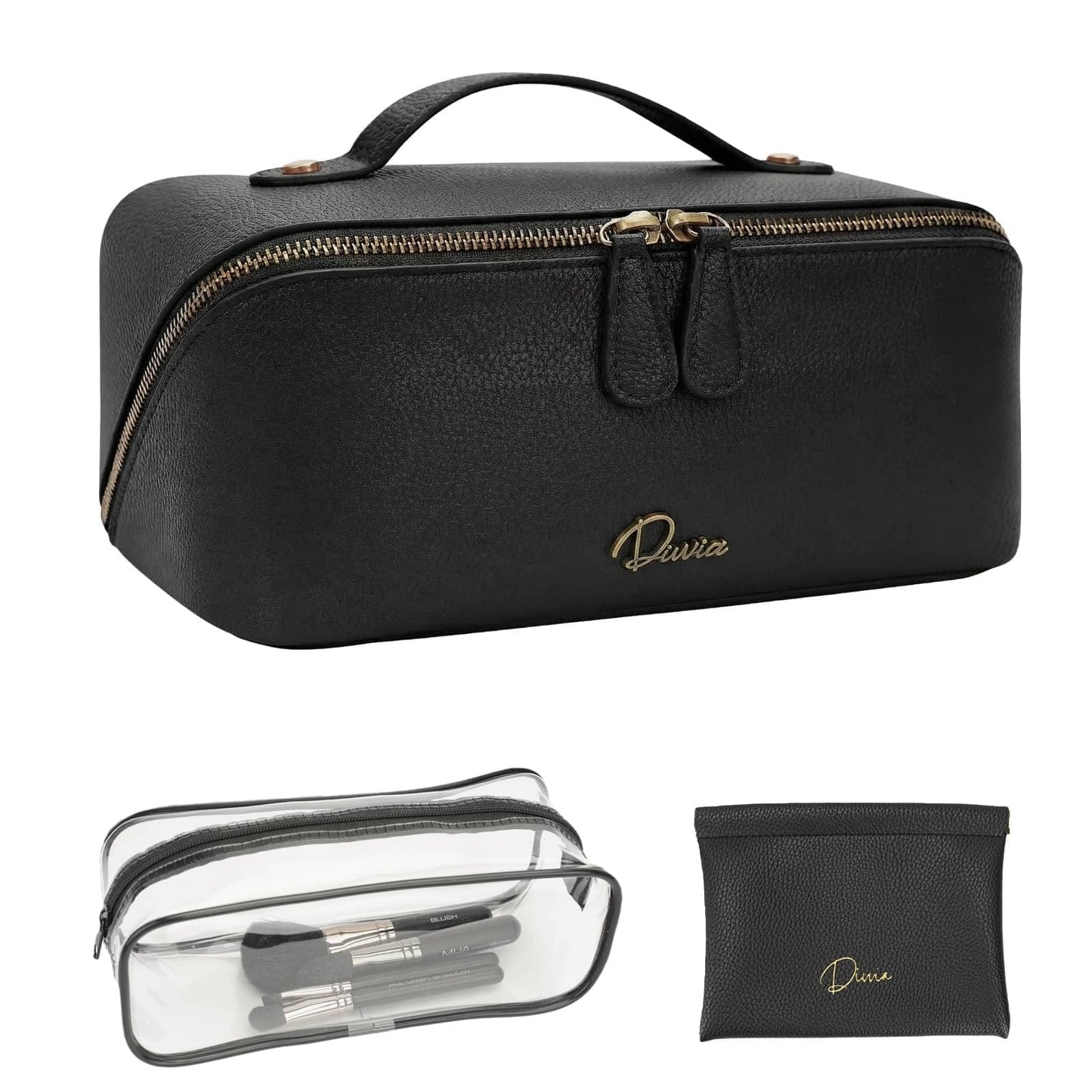 Divvia Travel Makeup Bag Organizer Cosmetic Bag Make up Bags for Women with Handle - Waterproof Vegan Leather Toiletry Bags Travel Essentials Pouch with Compartments (black, Medium)