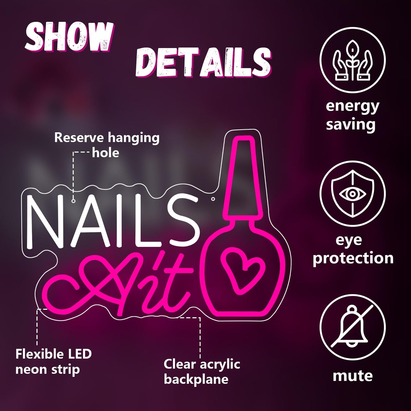 Nail Neon Sign for Wall Decor, Led Nail Signs for Studio Beauty Salon Business Makep Room Wall Window Decor, Gift for Nail Tech Girls, Christmas, Birthday