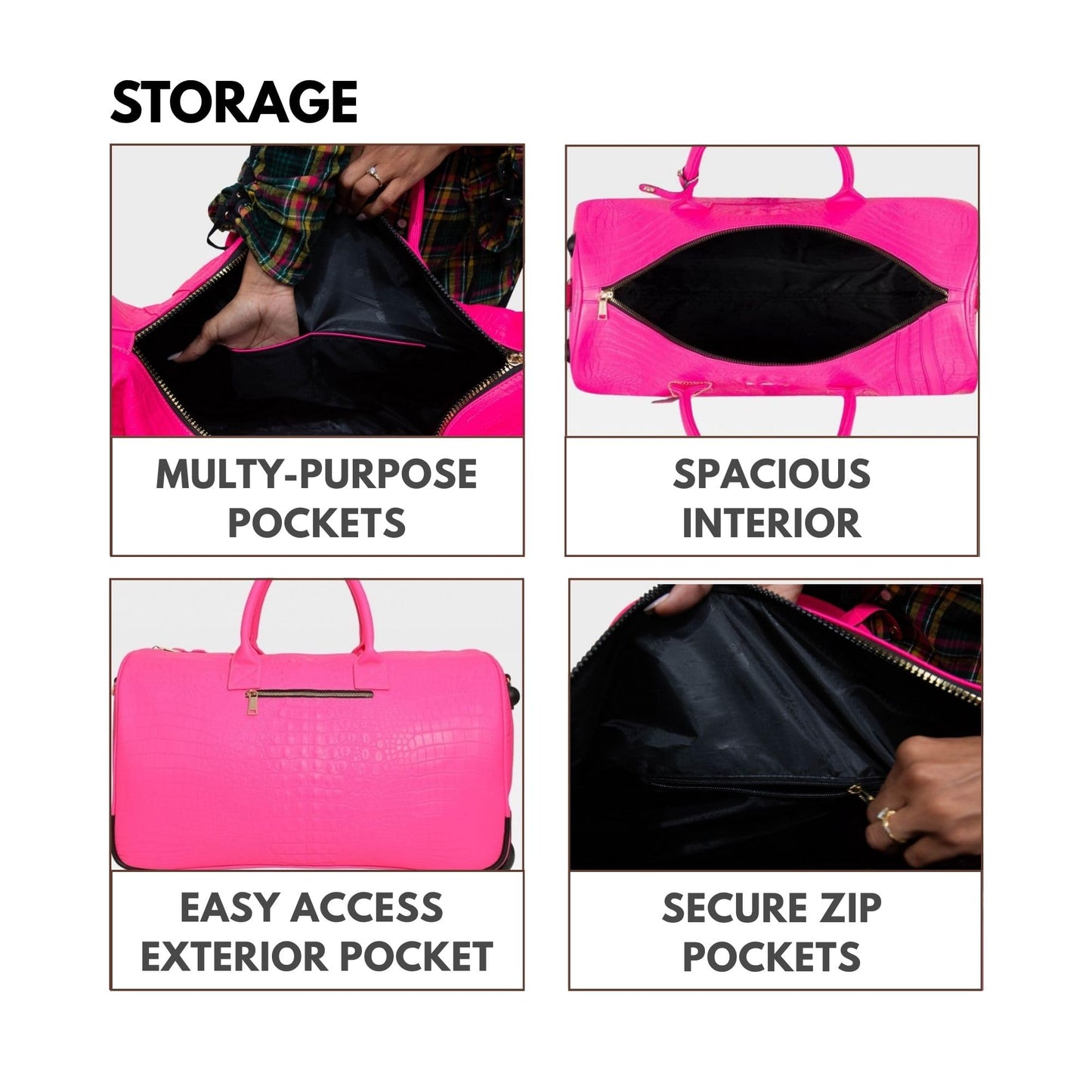 Tote&Carry Apollo 2 Large Rolling Duffle Bag with Wheels, Carry-On Roll Duffel for Travel, Gym, Sports, Daily, Weekend & All-Purpose Use for Men & Women (Crocodile Skin, Neon Pink)