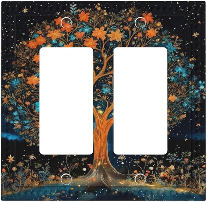 Magical Life Tree in Night Sky Dual Outlet Covers Wall Plate 2 Gang Rocker Decora Decorative Switchplate Electrical Faceplate GFCI Light Switch Covers for Farmhouse Living Decor
