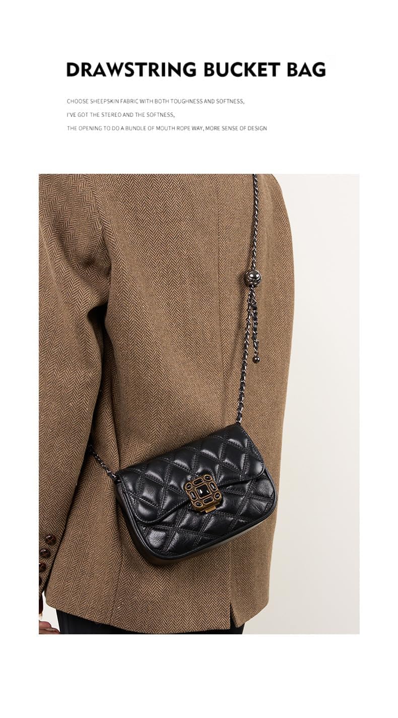 Mewpurrs Genuine Leather Crossbody Bag for Women – Quilted Small Flap Shoulder Purse with Vintage Clasp, Adjustable Chain Strap for Evening & Daily, Black