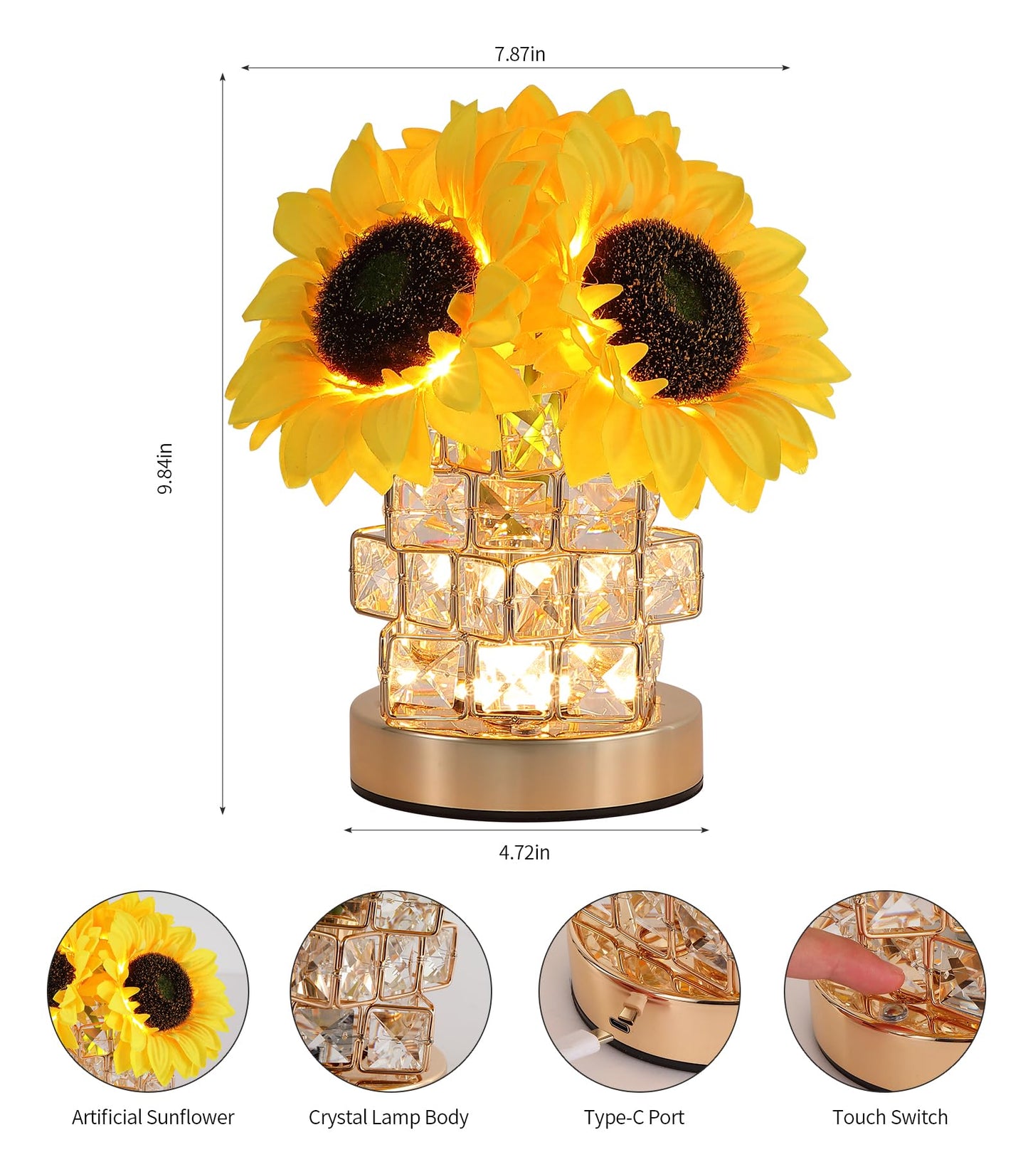 AIHYING Sunflowers Flower Lamp,Rechargeable Cordless Touch Lamp,3-Colour Infinitely Dimming Small Night Light,Crystal Table Lamp,Christmas/Mother's Day/Birthday Gifts for Women,Home Decor.