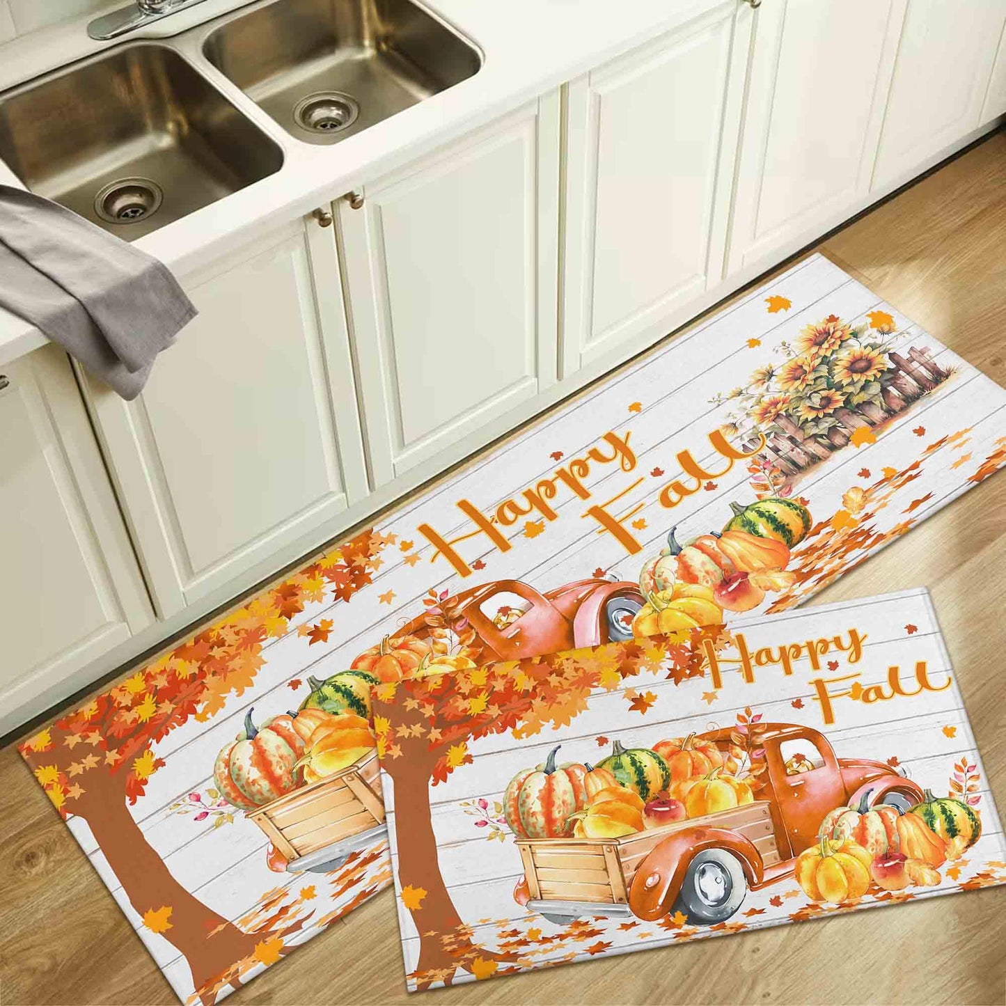 Noulmea Happy Fall Pumpkin Decorative Kitchen Rugs Set of 2, Home Seasonal Fall Holiday Party Autumn Harvest Thanksgiving Kitchen Floor Mat 17"x47"+17"x30"
