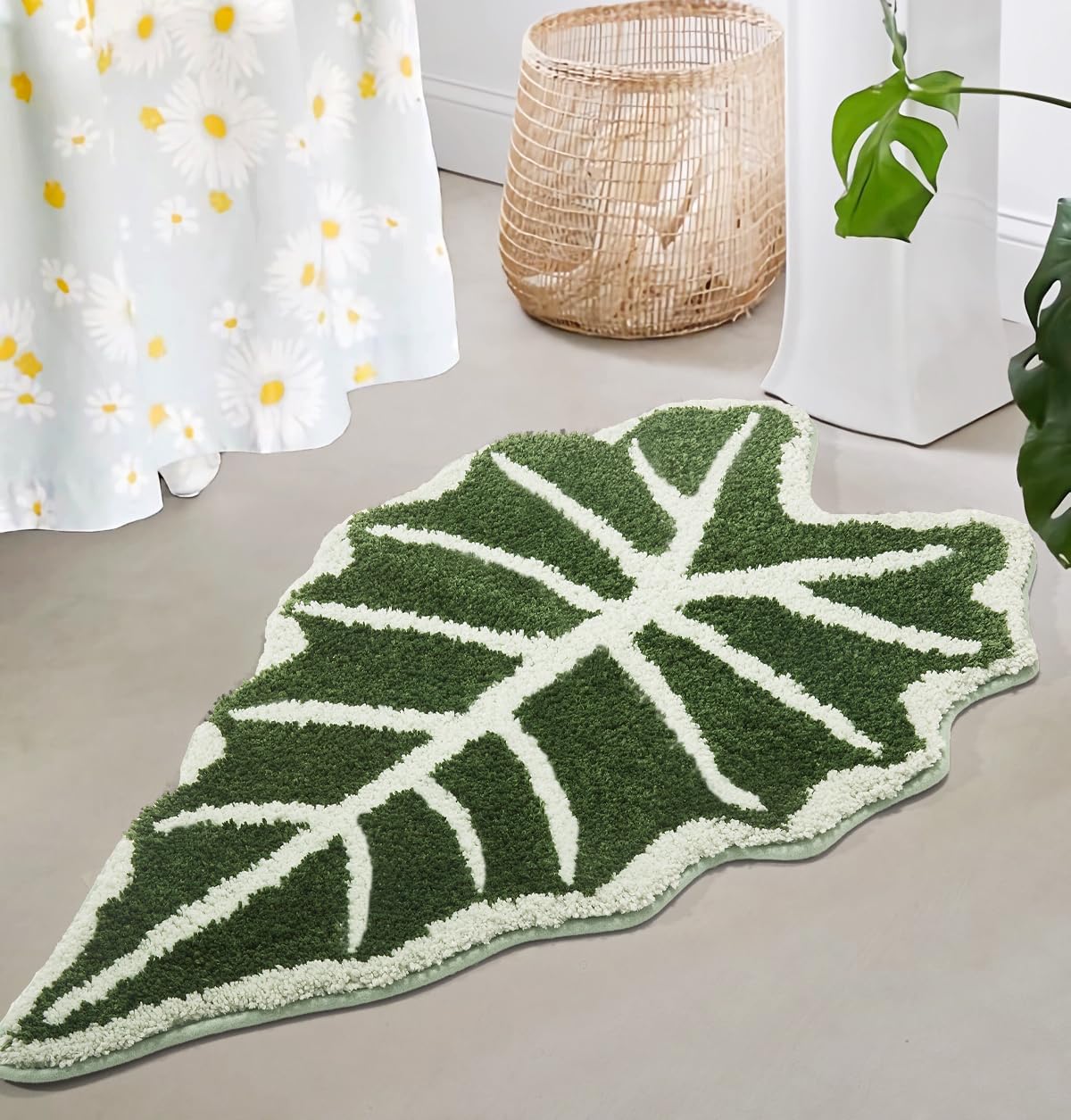 DyeFury Green Leaf Bathroom Rugs-Tropical Leaves Shaped Bath Mat for Cute Bathroom Decor Alocasia Leaf Plant Rug for Boho Bedroom Washable Sage Green Shower Mat 20''x35.5''