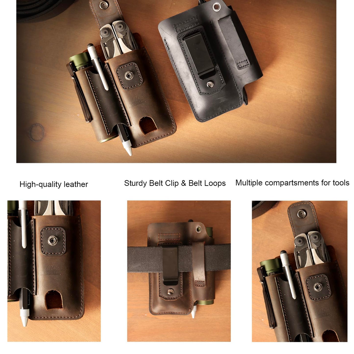 Topstache Leather Multitool Sheath - Multi Tool Holster with Belt Clip - EDC Belt Organizer Fits Multitool, Flashlight, Pen - Leather EDC Pouch Belt Holder Case with Closure Flap, Darkbrown