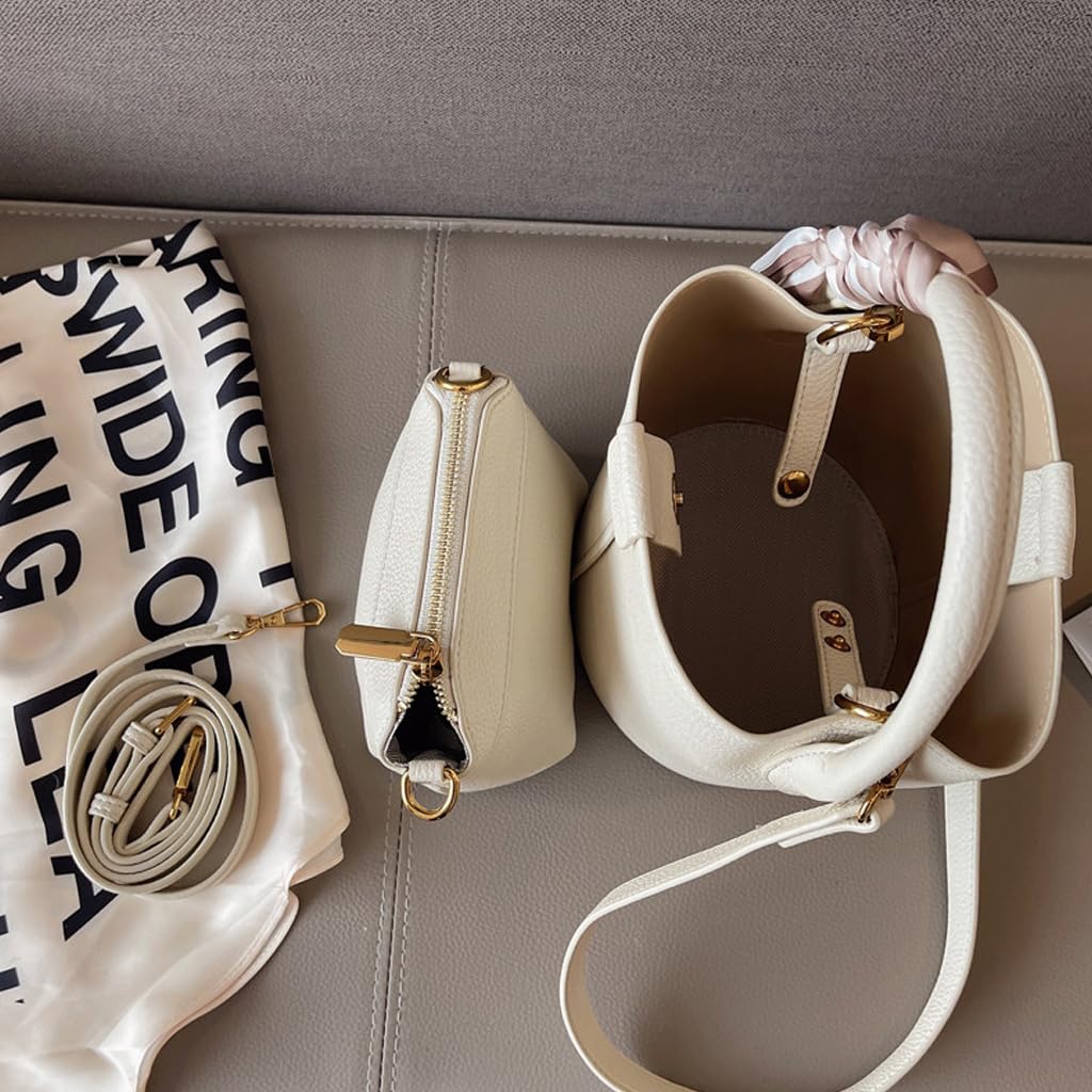 RTPRTP Small Crossbody Bags for Women, Vegan Leather Mini Bucket Handbag with Scarf, Removable Shoulder Strap Purse (white)