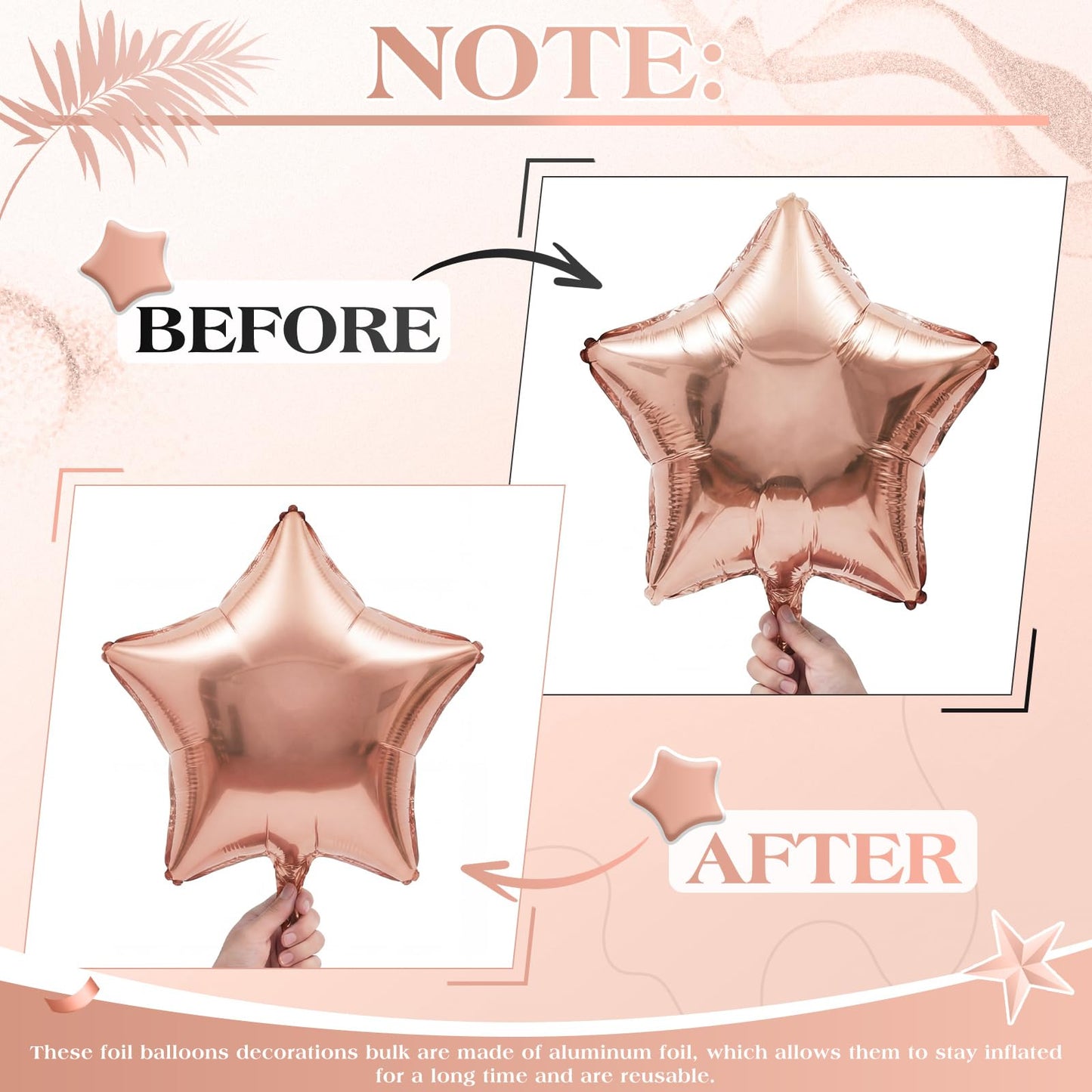 Duraaamo 30 Set Star Foil Balloons Bulk 22 Inch Metallic Star Balloons and Stars Banner and Satin Ribbon for Ceiling Birthday Ornaments Party Decor(Rose Gold)