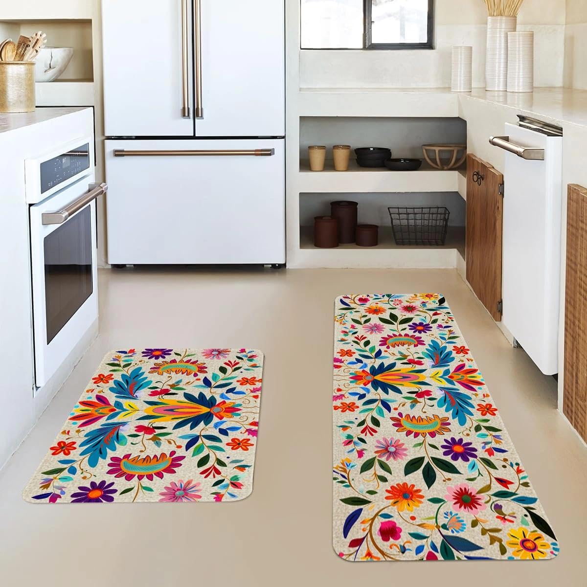 YWZDS Mexican Floral Kitchen Rugs Set of 2, Colorful Kitchen Mats with Rubber Backing Non Slip Washable, Cinco De Mayo Gift, 17" x 29 + 17" x 47" (White)
