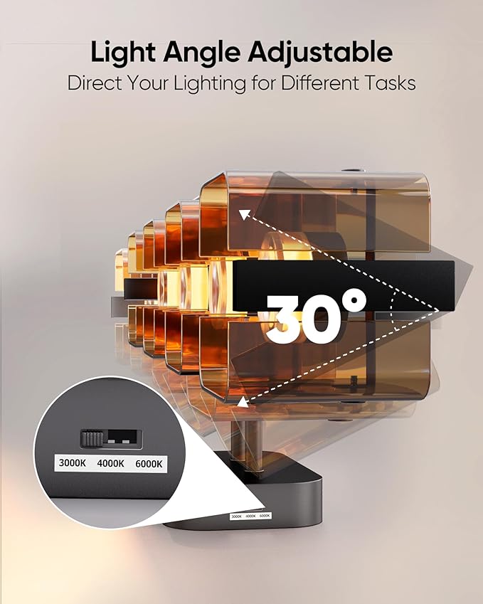 JACKYLED Bathroom Light Fixture, Modern 4-Light Vanity Lights with Art Glass Shades, 3 Color Temperatures LED Bathroom Lighting Fixture Over Mirror, 20W 1200 Lumen 30° Adjustable, Amber Glass