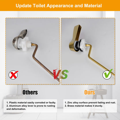 Hibbent Universal Metal Side Mount Toilet Handle Replacement Kit, Brass Toilet Flush Tank Lever with Stainless Steel Flapper Chains for Most Toilets, Shiny Gold