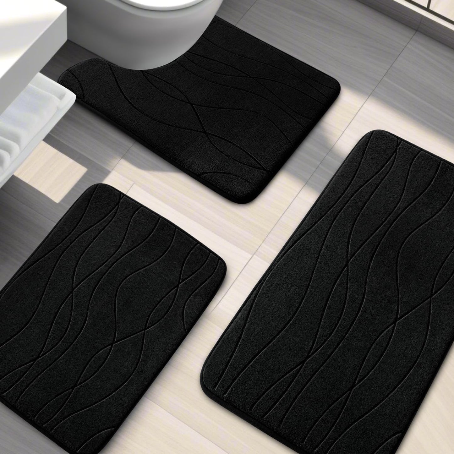 YIHOUSE Memory Foam Bathroom Rug Sets, Black, 3 Piece