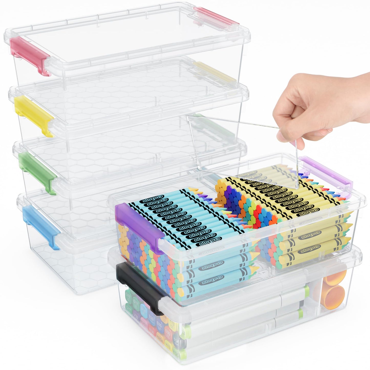 GEOPHIA 6 Pack Extra Large Pencil Box with Removable Divider, Thickened Pencil Case Bulk, Clear Crayon Marker Organizer Stackable Plastic Small Storage Containers for Pen Craft School Supplies (Multi)
