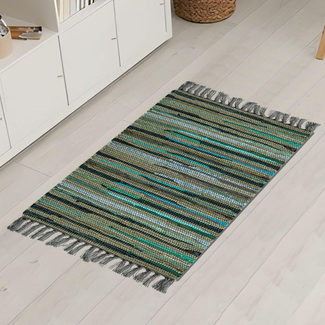 Threadvista Hand Woven Chindi Rug Cotton - Rustic Boho Accent Throw Rug for Living Room Bedroom Kitchen Entryway Floor Mats - Ideal for High Traffic Areas 20x32 inch Reversible Area Rug Green Multi