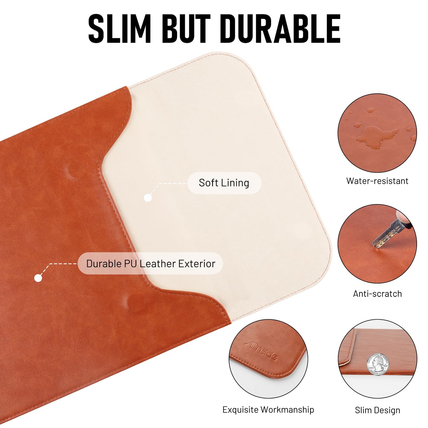 Allinside 15-16 inch Laptop Sleeve Case Compatible with MacBook Pro 16 2021-2026/MacBook Pro 15 2016–2019, Waterproof PU Leather Laptop Sleeve Bag Protective Vertical Case Cover, Brown