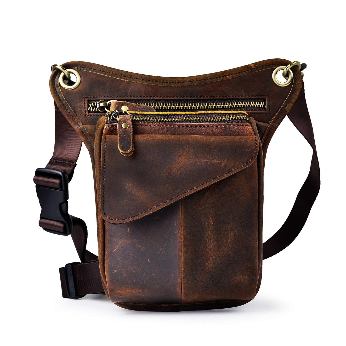 Le'aokuu Mens Genuine Leather Messenger Hiking Waist Hip Bum Pack Drop Leg Bag 211-3 1 Dark Brown