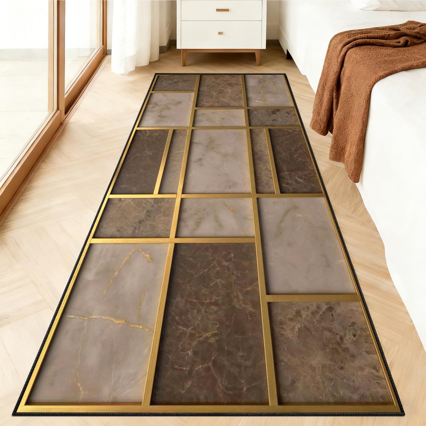 Abstract Brown Runner Rugs 2x10ft, Mid Century Rug for Hallways Gold Brown Geometry Runner Rugs Non Slip Kitchen Mats - Exciting Abstract Decorative Carpet