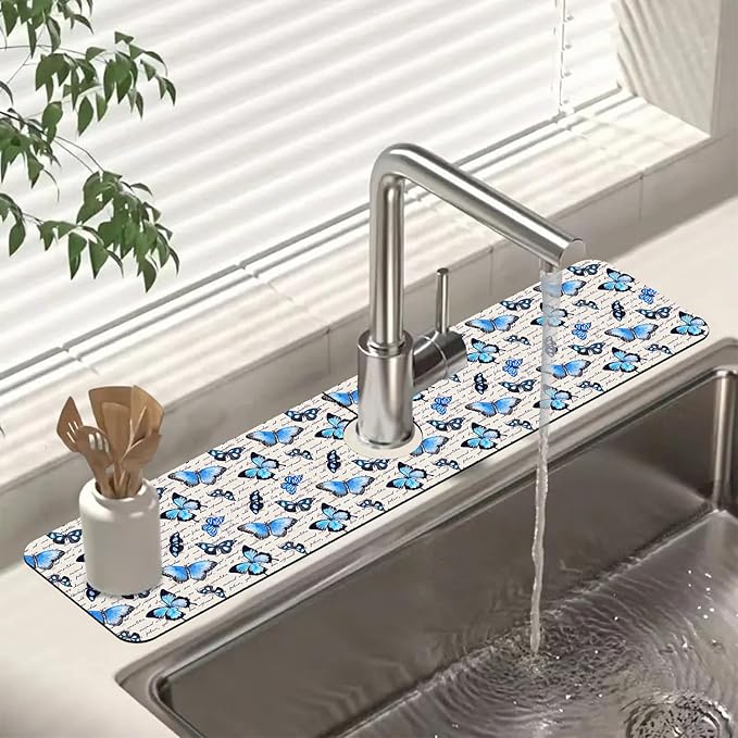 Sink Splash Guard Faucet Mat Watercolor Butterflies Absorbent Fast Drying Mat