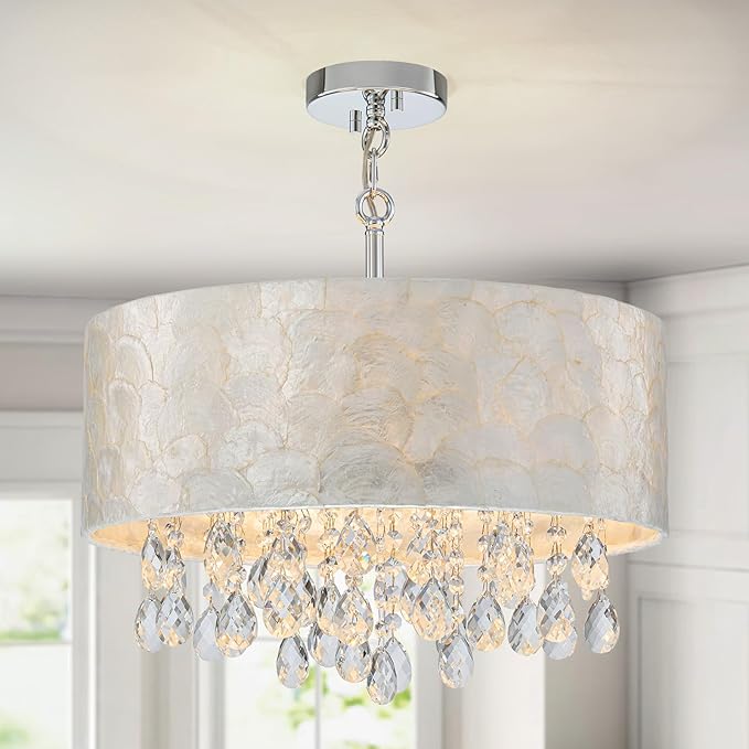 4-Lights Drum Capiz Shell Crystal Chandeliers, Coastal Style Pendant Light Fixture for Dining Room, Living Room, D18 x 21~68"(Adjustable), Shell Lampshade & Chrome Finish