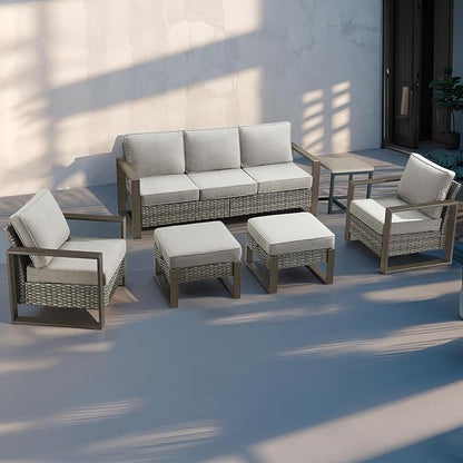 Rilyson Outdoor Wicker Patio Furniture Set - 4 Piece Patio Conversation Set with 2 Wicker Armrest Chairs,2 Rattan Ottoman, Sturdy Frame, Thick Cushions, Deep Seating(Mixed Grey/Grey)