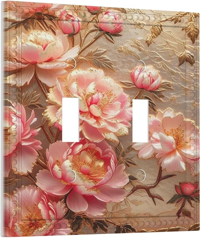 Pink Blooming Flowers Peonies Floral Light Switch Covers Double Toggle 2 Gang Wall Plate Dual Decorative Switch plate Electrical Faceplate for Farmhouse Living Room Decor