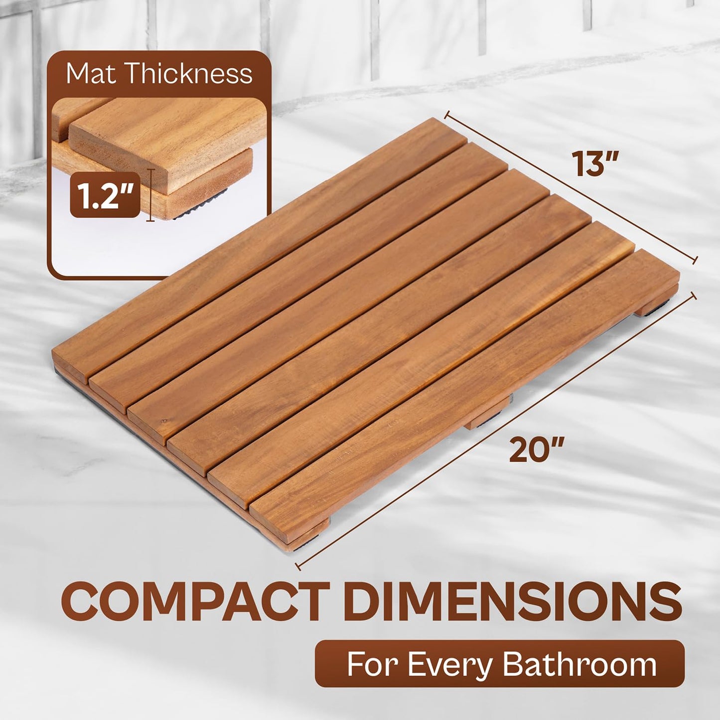 AN68 Wooden Shower Mat 13×20 in – Solid Acacia Wood Bath Mat, Non-Slip Feet, Slatted Fast-Drainage Design – Spa, Bathroom & Outdoor Use (Acacia)