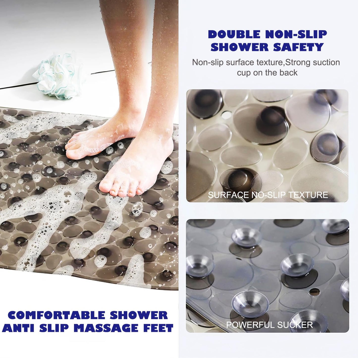 Anti-Slip Bathtub Mats Shower Bathroom Pad Floor Long Mat,Stone Texture Design with Large Suction Cup Bath Tub/Shower Room/Shower Safety Mats,BPA Free for Kids Bath Rugs/Bath Accessories