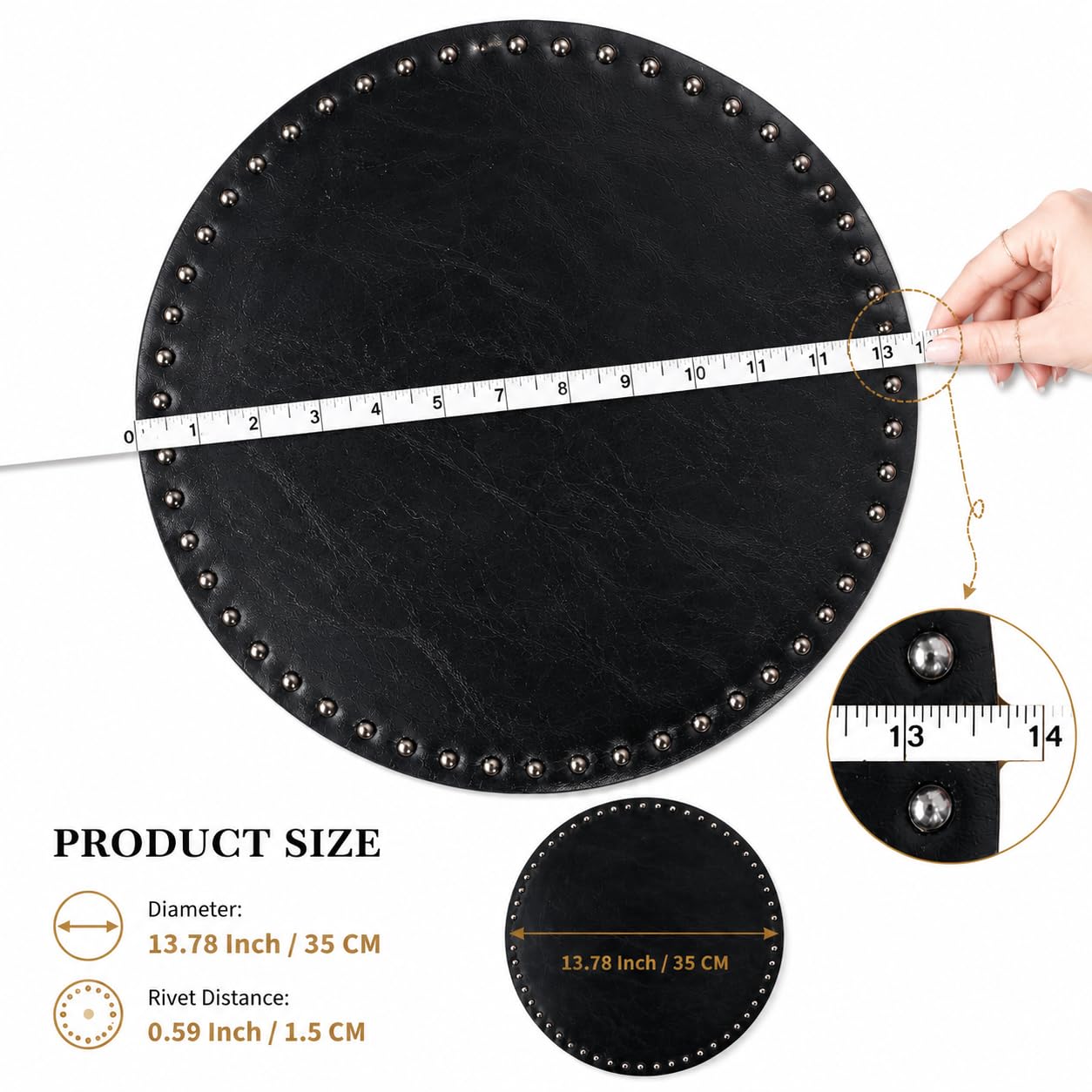 FAVE Black Faux Leather Placemats 13.78Inches Round Placemat Set of 2 Heat Resistant Place Mats for Kitchen Table Wipeable Fall Placemats Table Mats with Rivets High Texture Placemat (Black)