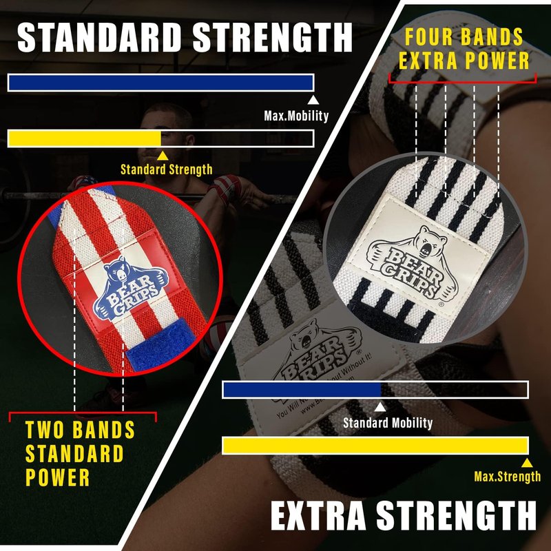 Bear Grips Extra Strength Gym Wrist Wraps for Weightlifting | 2 Compression Protectors | Quad Stitching | 18 Inches | Black, Unisex