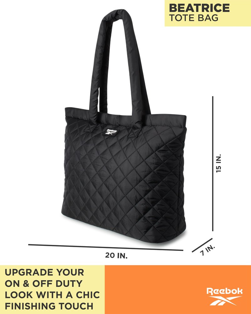 Reebok Womens Tote Bag - Lightweight Carry On Puffer Quilted Tote Bag for Travel Work Travel and Daily Essentials, Size One Size, Barbara Black