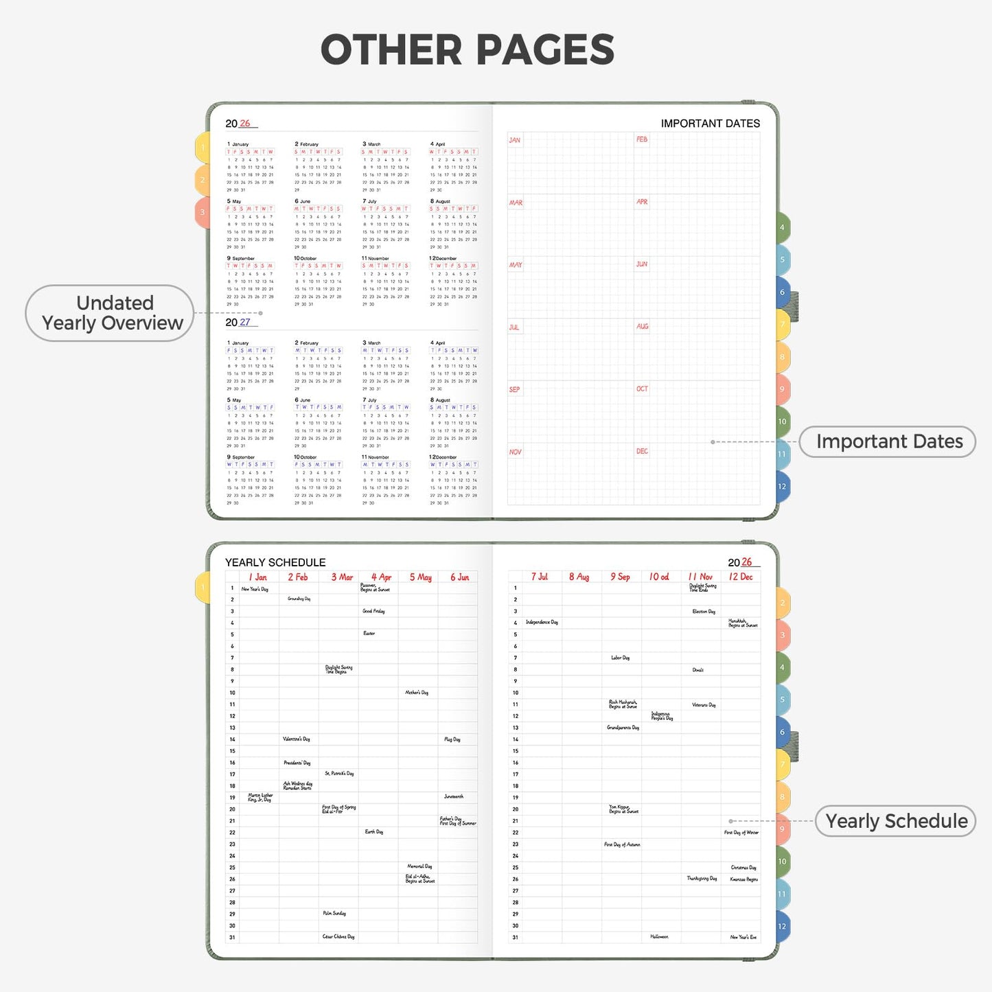 LOAPEM Undated Appointment Book, Hourly, Daily, 52 Weekly & 12 Monthly Planner, 6 AM - 8 PM, Medium Size (5.7" x 8.3"), Leather Hardcover, 12 Self-adhesive Monthly Tabs (Light Green)