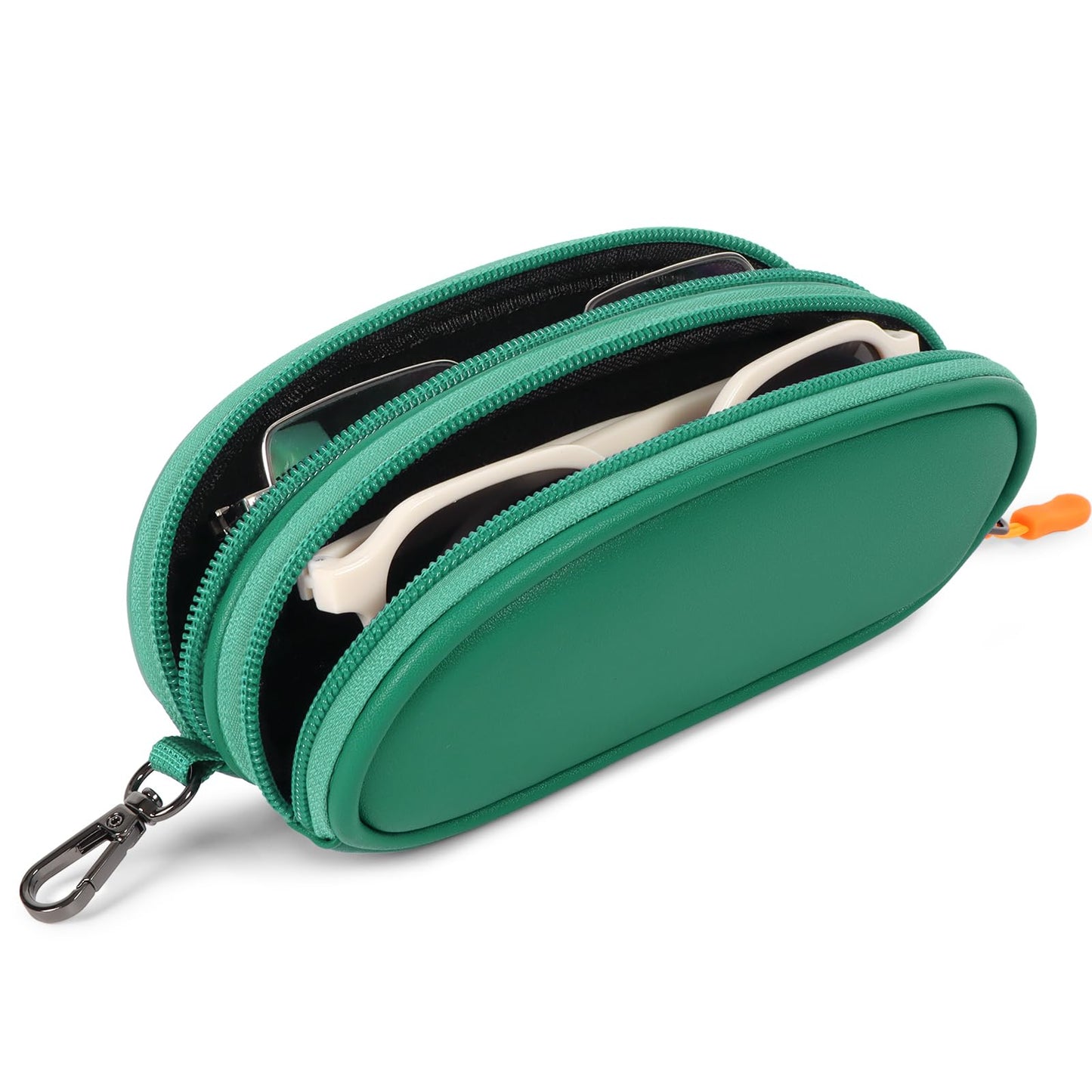 Tangoner Double Eyeglasses Case with Zipper – Faux Leather Soft Sunglasses Pouch, Portable Travel Glasses Holder with Keychain Clip for Men & Women (Green PU)