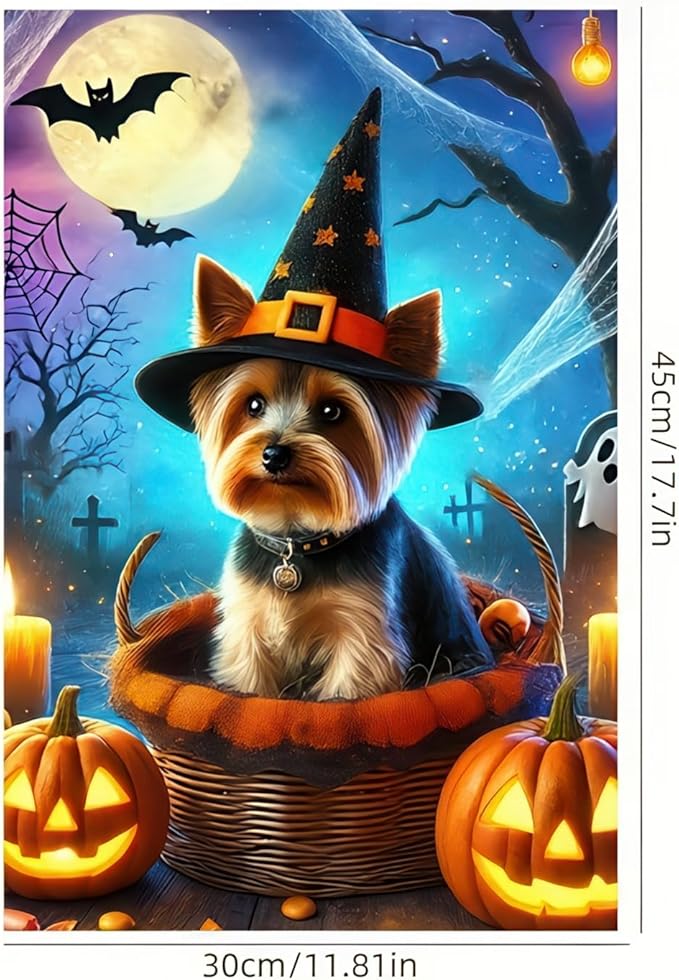 Halloween Garden Flag Yorkie Witch Hat Garden Flag Polyester 12x18 Inch Fall Winter Holiday Decor Outdoor Yard, Patio, Farmhouse Decoration No Flagpole