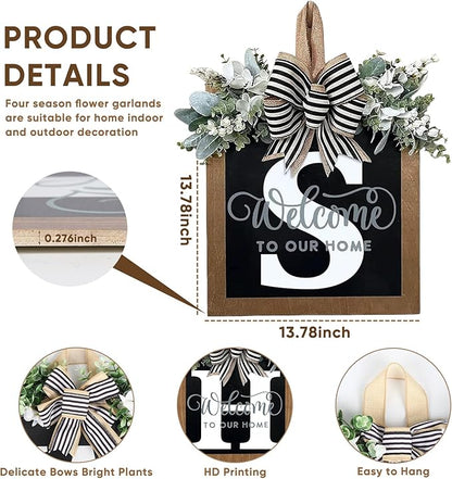 Ultra Large 14'' Last Name All Year Round Front Door Wreath with 26 Initial Letter Welcome Sign All Seasons Eucalyptus Garland and Bow Wreaths for Front Door Porch Farmhouse Decoration (S)