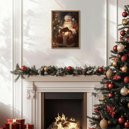 Framed Vintage Christmas Canvas Wall Art, Santa Claus Reading Book Paintings Wall Decor, Rustic Winter Holiday Pictures Prints for Living Room Bedroom Home Decoration 8×10 inch