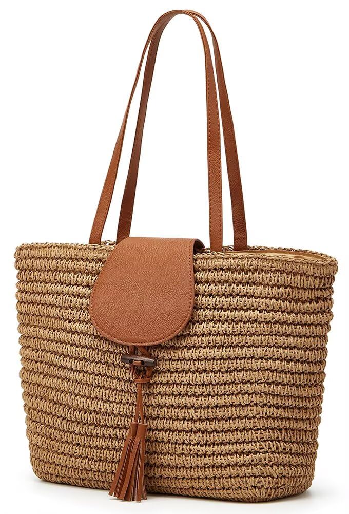 Summer Hand-woven Straw Shoulder Bags for Women Large Woven Beach Tote Purse Vacation Top Handle Handbags with Tassel