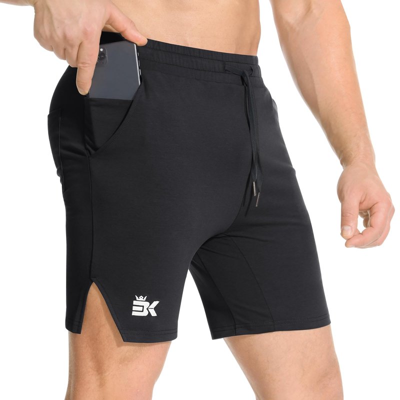 BROKIG Men's Airstretch Gym Shorts,5 Inch Slim Fit Running Exercise Athletic Workout Shorts for Men with Zipper Pockets(Black,Large)