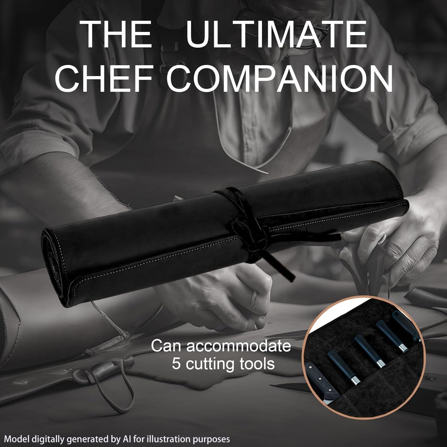 Genuine Leather Knife Roll, Knife Bags for Chefs Professional, Small Chef'S Knife,Knives Holders Protectors with 5 Slots (Black)