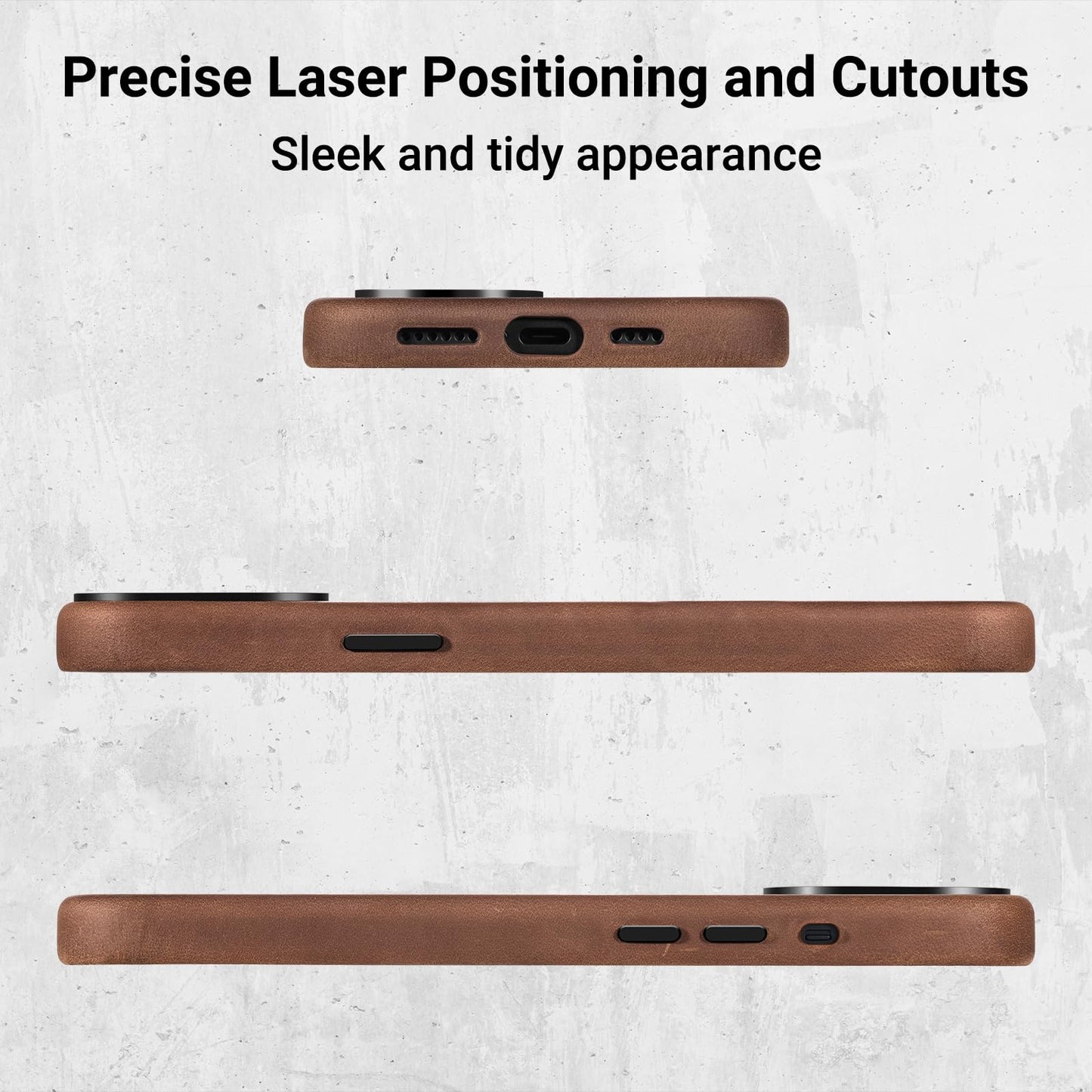 Belemay Compatible with iPhone 14 Pro Leather Case Magsafe - Top Grain Vintage Crazy Horse Leather - Metal Buttons & Camera Bezel Bump - Slim Fit & Soft - Premium Phone Cover (6.1-inch) Retro Brown