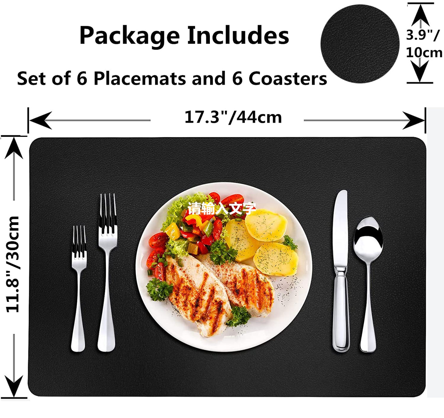 Abuzhen Faux Leather Placemats Set of 6, Place Mats with Coasters, Waterproof Wipeable Washable PU Table Mats for Dining Table and Decor, Easy to Care, Anti-Slip Place Mats (Set of 6, Rectangle Black)