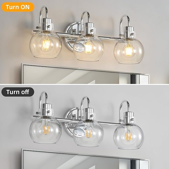 Bathroom Light Fixtures Polished Chrome 3 Light Vanity Light Wall Sconces Lighting with Clear Globe Glass Shades Bath Wall Mount Lamp for Mirror Kitchen Porch Living Room Bedroom Hallway(E26)