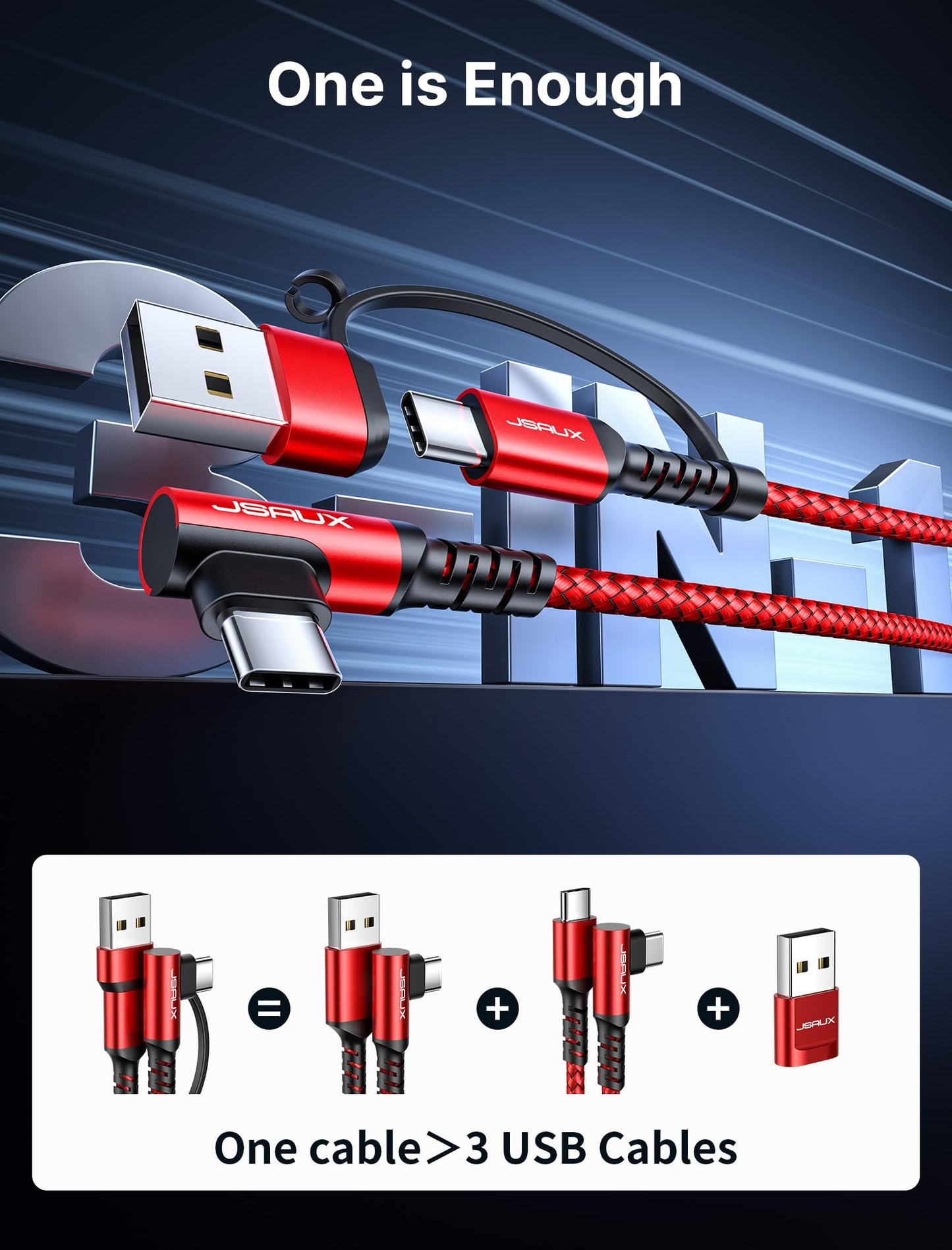 JSAUX 100W USB C Cable [2-Pack 10FT], Right Angle Fast Charging Cord with USB A to C Adapter for iPhone Air/iPhone 17/ iPhone 17 Pro/iPhone 17 Pro Max, iPhone 16/15, Samsung, MacBook, iPad - Red