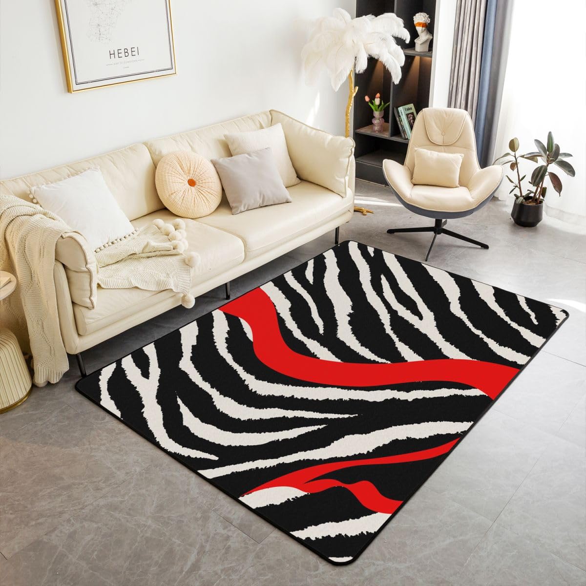 Erosebridal Black White Red Zebra Pattern Area Rug,Tiger Fur Rug for Home Decorative Abstract Stripe Animal Skin Carpet,Geometric Art Modern Decorative Area Rugs,5x6'6''