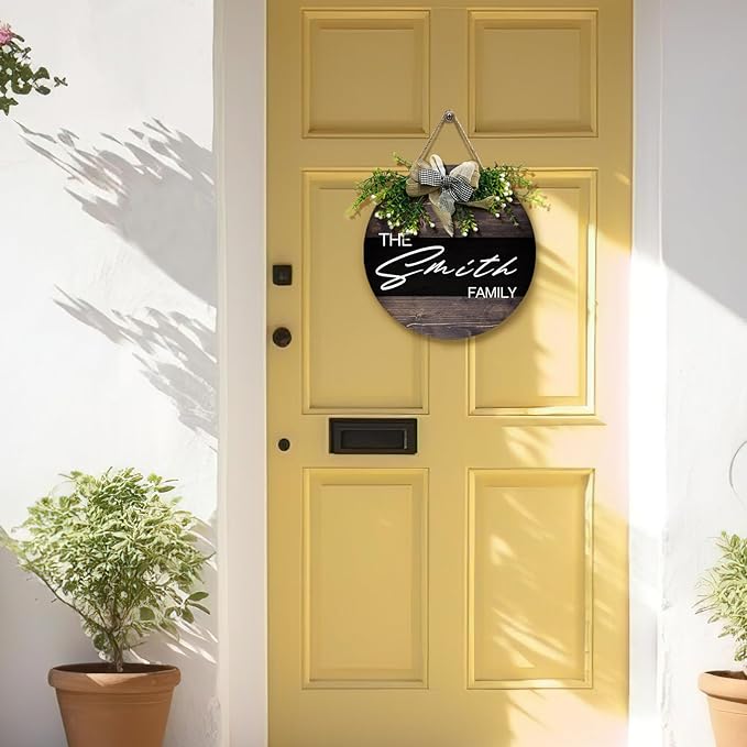 Personalized Custom Door Sign with Family Name Wooden Customized Welcome Sign for Front Door with Bow Rustic Customize Wreath Hanger Plaque Gift for Home Farmhouse Wall Outdoor Decor 12 inch