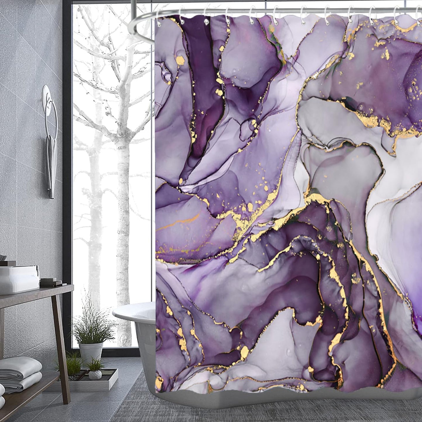 NBVKO 4Pcs Luxury Purple Marble Pattern Shower Curtain Set with 12 Hooks Non-Slip Rugs,Toilet Lid Cover and Bath Mat, Stylish Bathroom Decor for Hotel & Home Bathroom